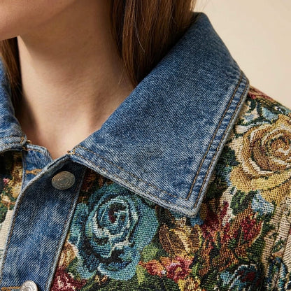 Women's Denim Jacket with Camellia motif for Casual Daywear