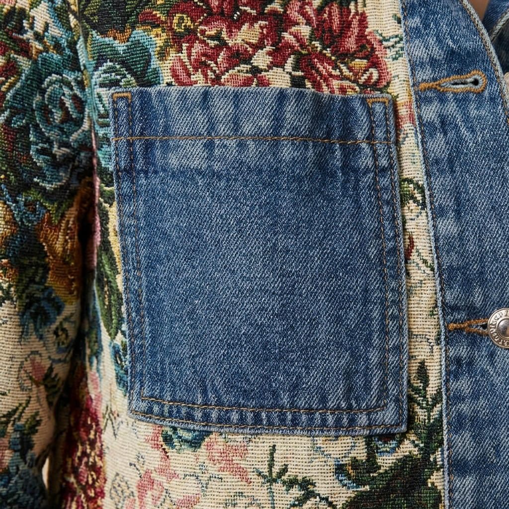 Women's Denim Jacket with Camellia motif for Casual Daywear
