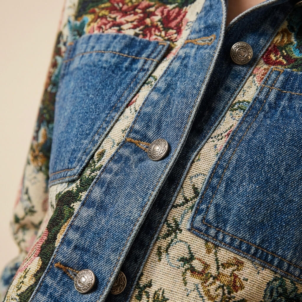 Women's Denim Jacket with Camellia motif for Casual Daywear