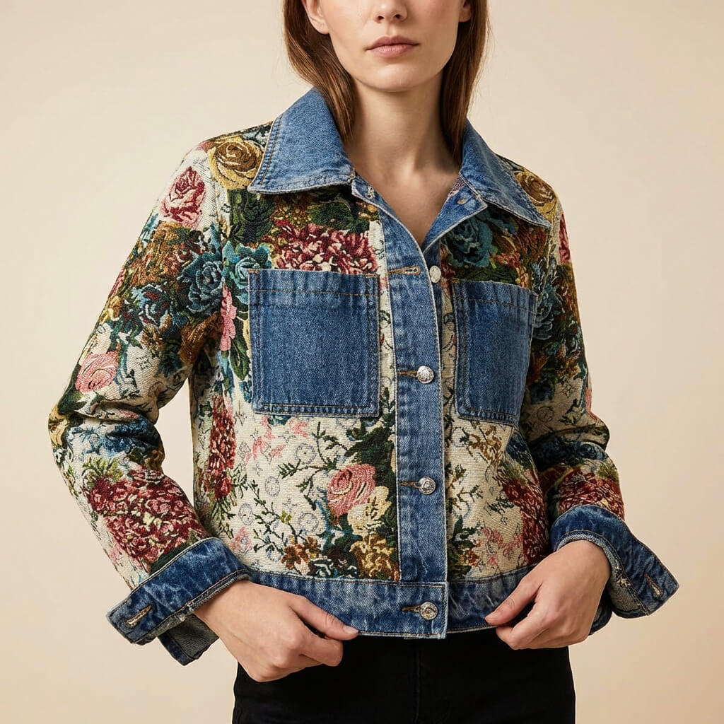 Women's Denim Jacket with Camellia motif for Casual Daywear