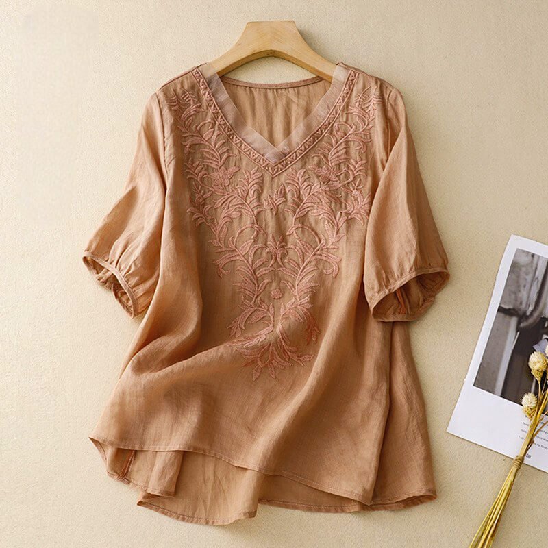 Women's Floral Cotton-Linen Shirt with Embroidery