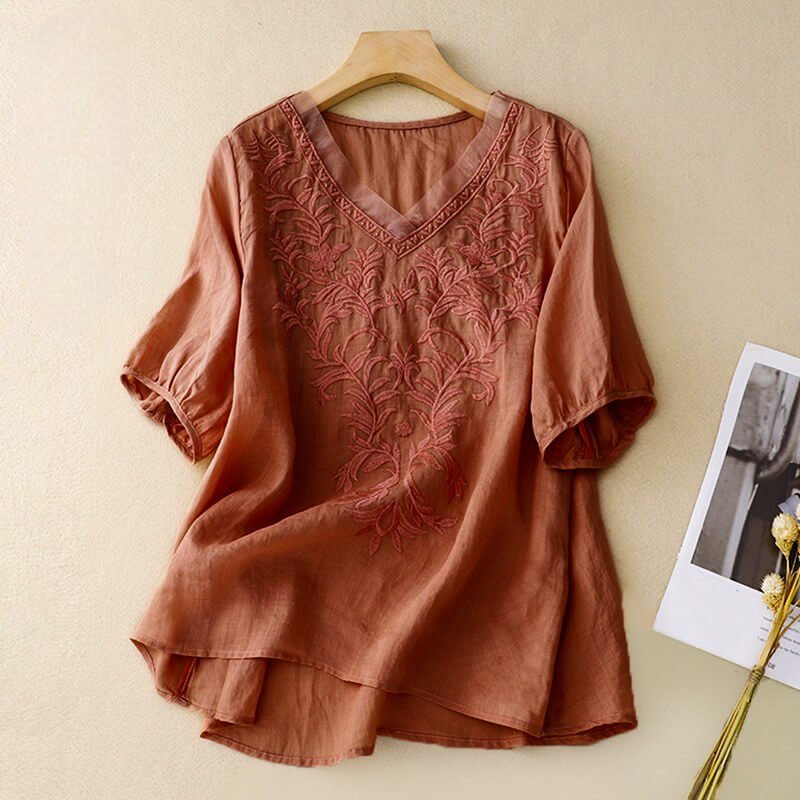 Women's Floral Cotton-Linen Shirt with Embroidery
