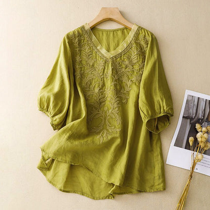 Women's Floral Cotton-Linen Shirt with Embroidery