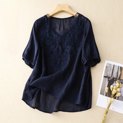 Women's Floral Cotton-Linen Shirt with Embroidery