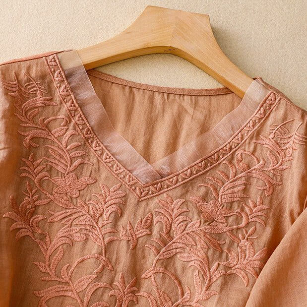 Women's Floral Cotton-Linen Shirt with Embroidery