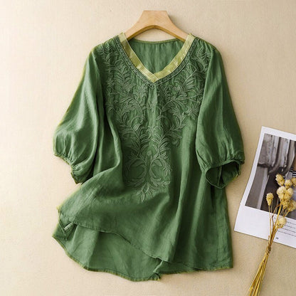 Women's Floral Cotton-Linen Shirt with Embroidery