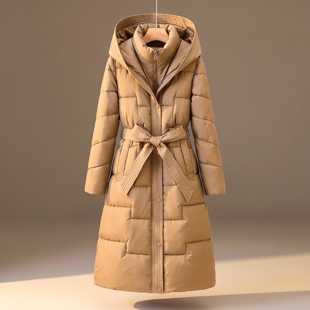 Women's Quilted Hooded Coat with Belted Waist for Winter