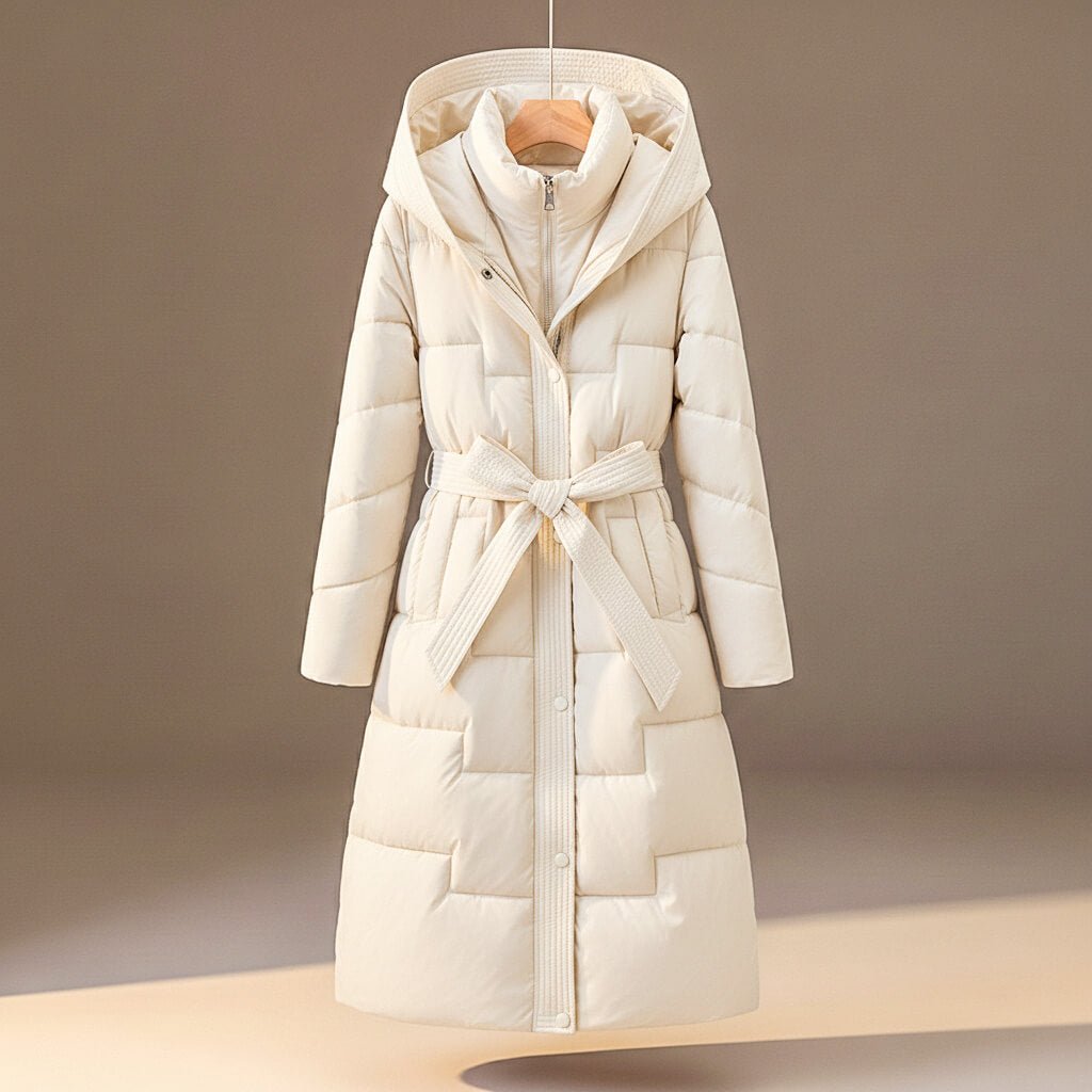 Women's Quilted Hooded Coat with Belted Waist for Winter