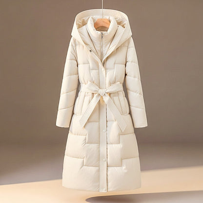 Women's Quilted Hooded Coat with Belted Waist for Winter