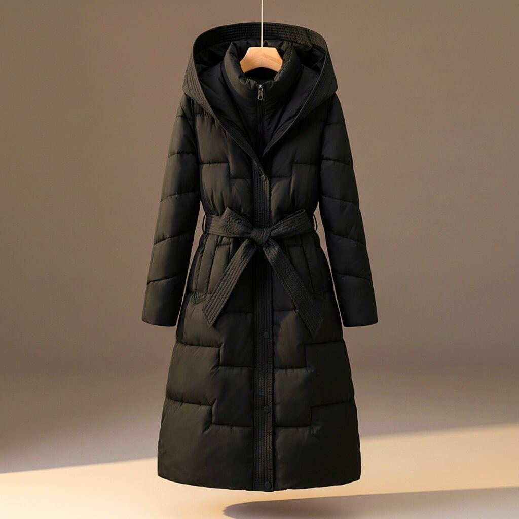Women's Quilted Hooded Coat with Belted Waist for Winter
