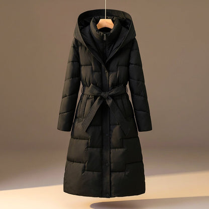 Women's Quilted Hooded Coat with Belted Waist for Winter