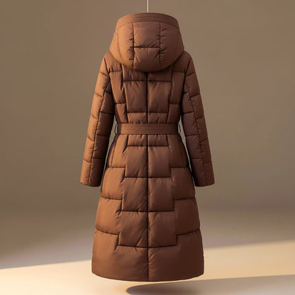 Women's Quilted Hooded Coat with Belted Waist for Winter