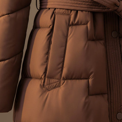 Women's Quilted Hooded Coat with Belted Waist for Winter