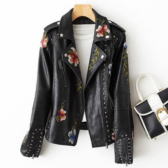Women's Retro Vegan Leather Jacket with Floral for Autumn -
