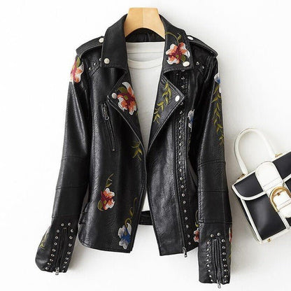 Women's Retro Vegan Leather Jacket with Floral for Autumn -