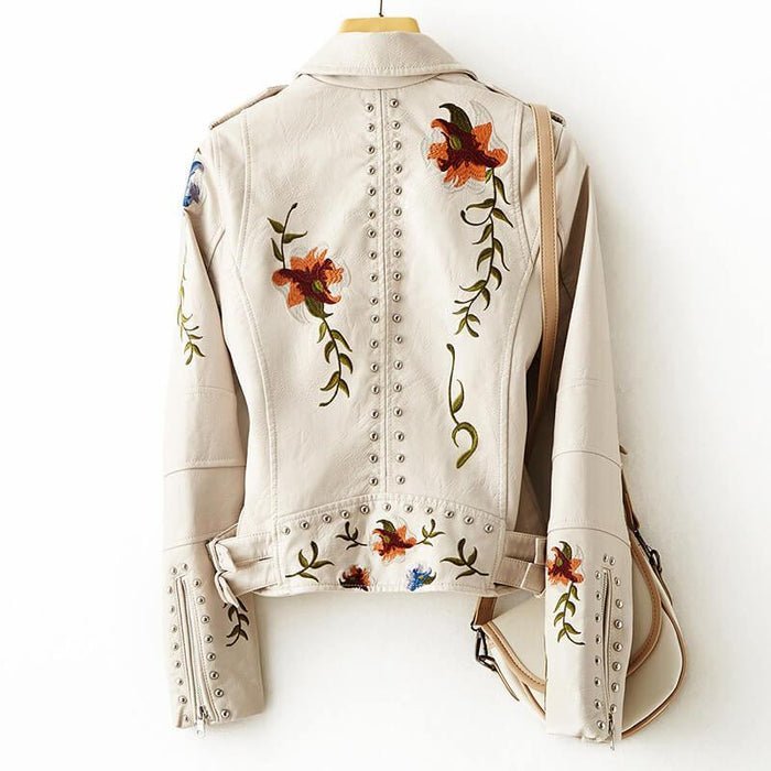 Women's Retro Vegan Leather Jacket with Floral for Autumn -