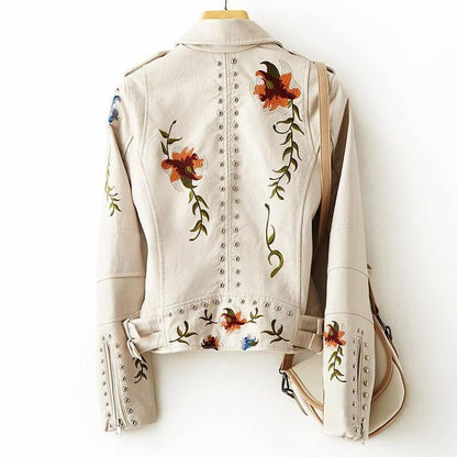 Women's Retro Vegan Leather Jacket with Floral for Autumn -