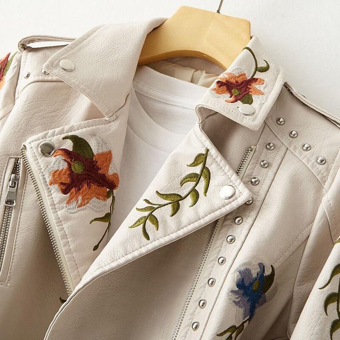 Women's Retro Vegan Leather Jacket with Floral for Autumn -