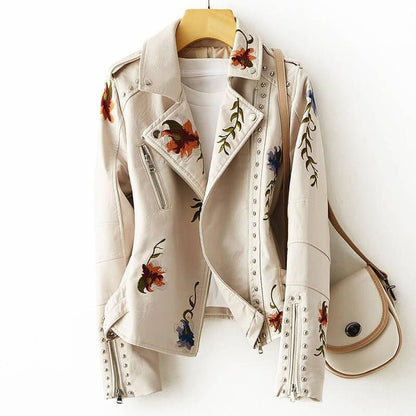 Women's Retro Vegan Leather Jacket with Floral for Autumn -