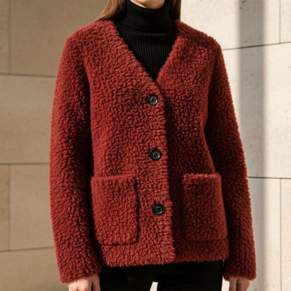 Women's Shearling Jacket with Open Front for Cold Weather -