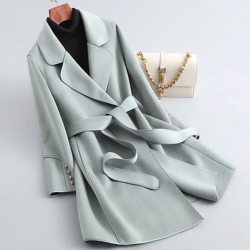 Women's Virgin Wool Trench Coat with Sash for Winter