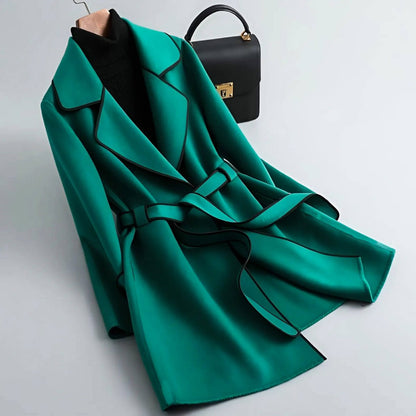 Women's Wool Coat with Contrast Piping for Transition Weather -