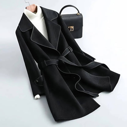 Women's Wool Coat with Contrast Piping for Transition Weather -