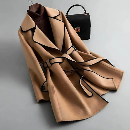 Women's Wool Coat with Contrast Piping for Transition Weather -
