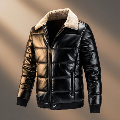 Men's Quilted Leather Jacket with Shearling Collar for Winter