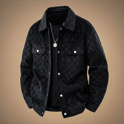 Men's Checkered Suede Jacket with Point Collar for Outerwear