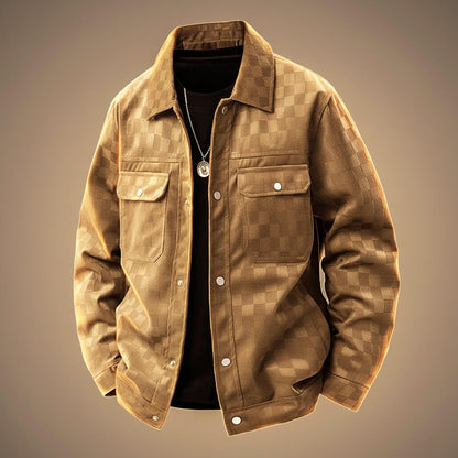 Men's Checkered Suede Jacket with Point Collar for Outerwear