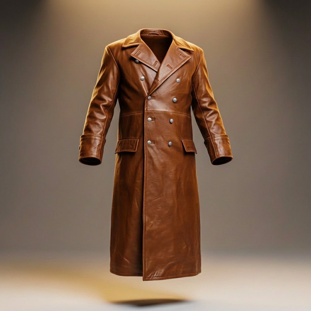 Men's Leather Overcoat with double-breasted for winter