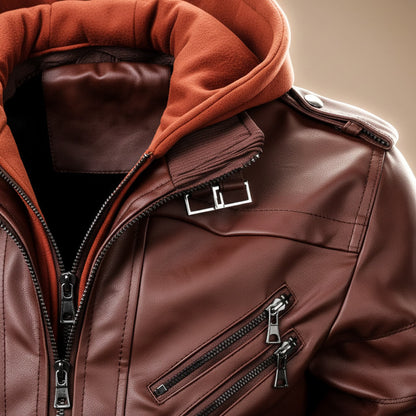 Men's Leather Jacket with Detachable Hood for Streetwear