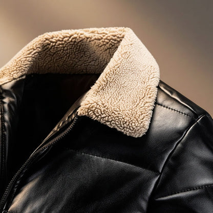 Men's Quilted Leather Jacket with Shearling Collar for Winter