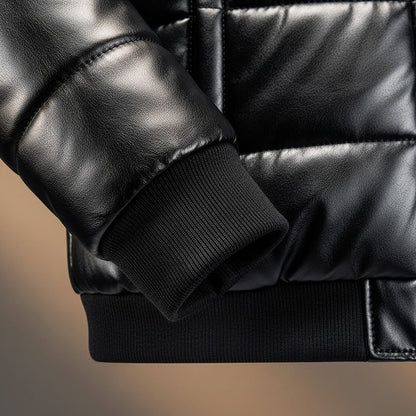 Men's Quilted Leather Jacket with Shearling Collar for Winter
