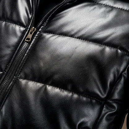 Men's Quilted Leather Jacket with Shearling Collar for Winter