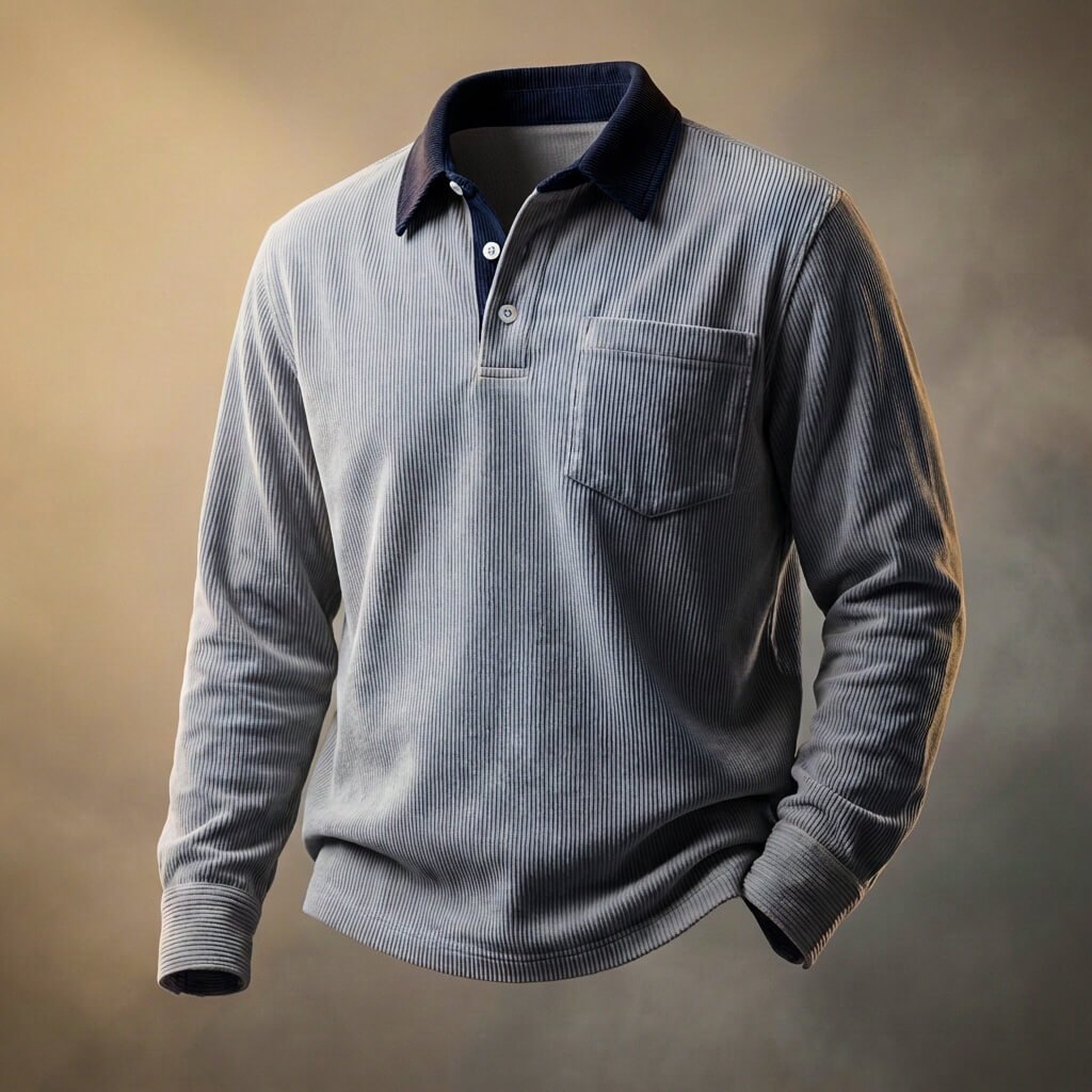 Men's Corduroy Polo with Chest Pocket for Casual Wear