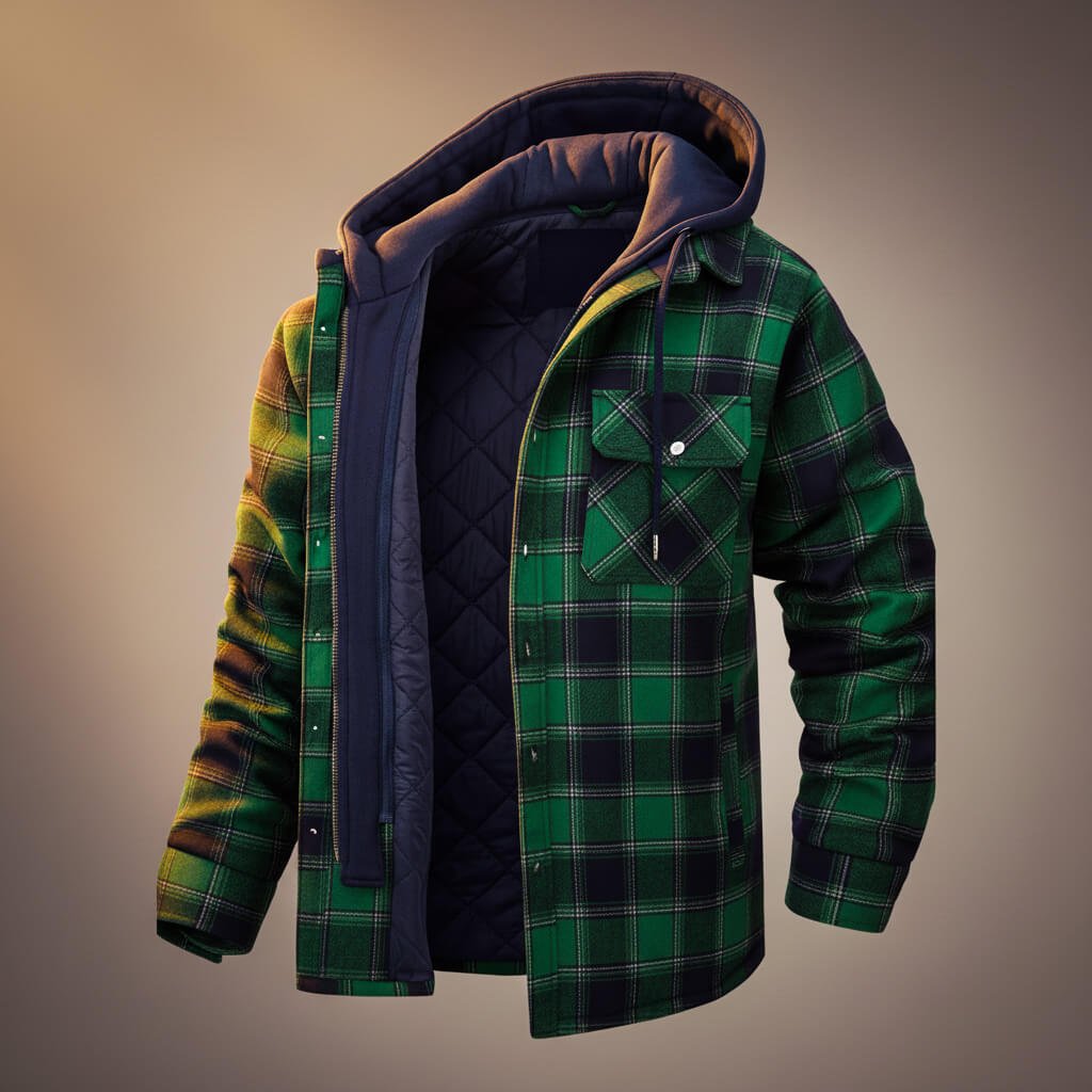 Men's Hooded Plaid Jacket with Quilted Lining for Winter