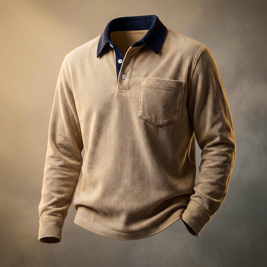 Men's Corduroy Polo with Chest Pocket for Casual Wear