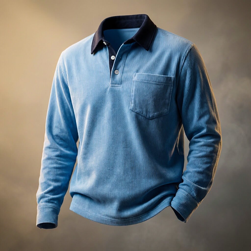 Men's Corduroy Polo with Chest Pocket for Casual Wear