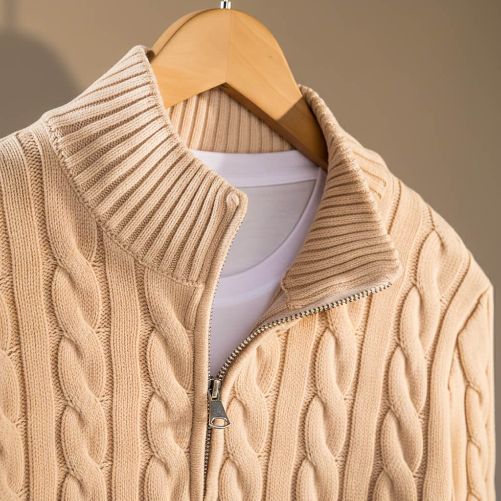 Men's Cable Knit Sweater with Zip-Up for Smart Casual - casual sweater
