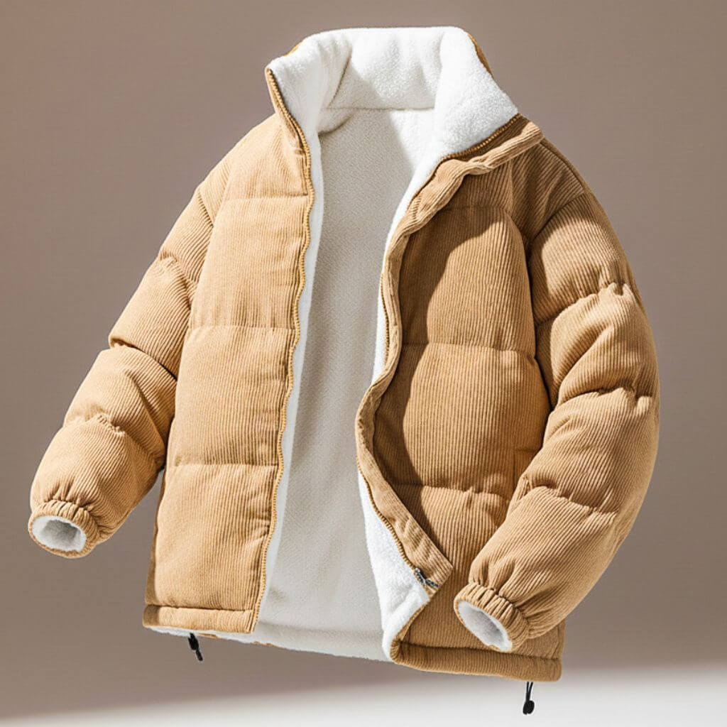 Men's Corduroy Jacket with Rib Texture for Cold Weather - Casual Puffer Jacket