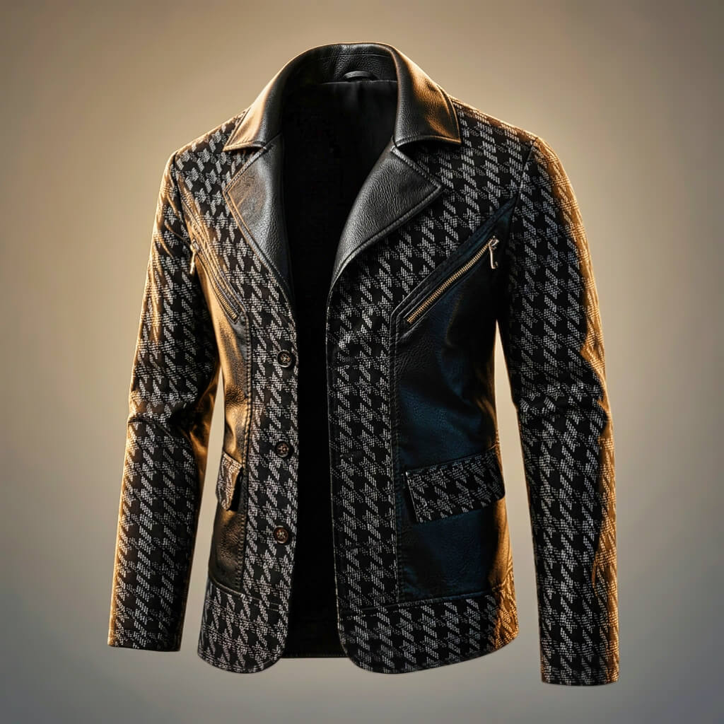 Men's Leather Blazer with Houndstooth for Smart-Casual - Blazers