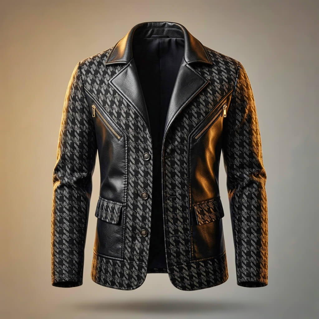 Men's Leather Blazer with Houndstooth for Smart-Casual - Blazers