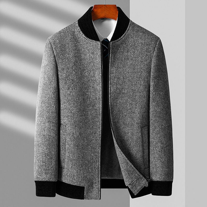 Men's Virgin Wool Jacket with Herringbone Weave for Layering - Casual Jacket