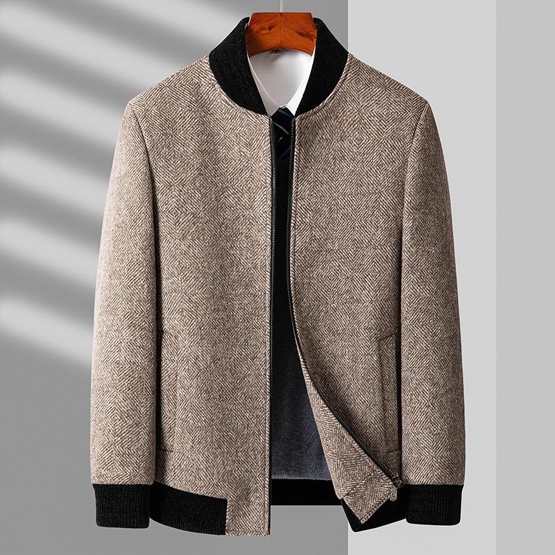 Men's Virgin Wool Jacket with Herringbone Weave for Layering - Casual Jacket