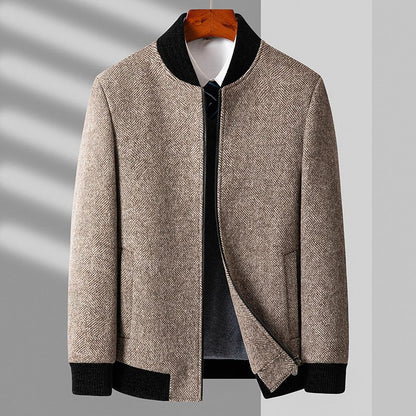 Men's Virgin Wool Jacket with Herringbone Weave for Layering - Casual Jacket