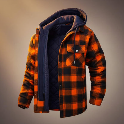 Men's Hooded Plaid Jacket with Quilted Lining for Winter