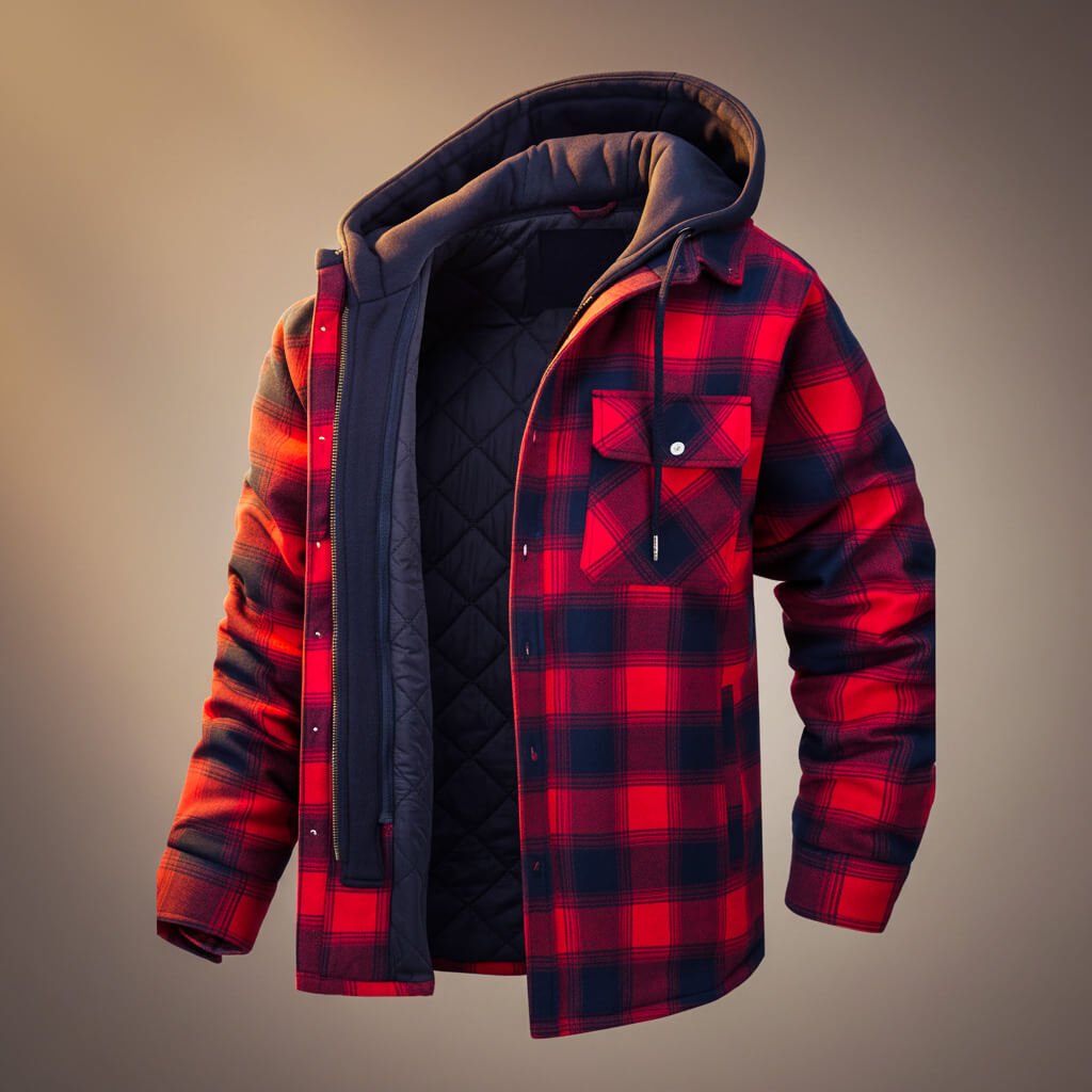 Men's Hooded Plaid Jacket with Quilted Lining for Winter