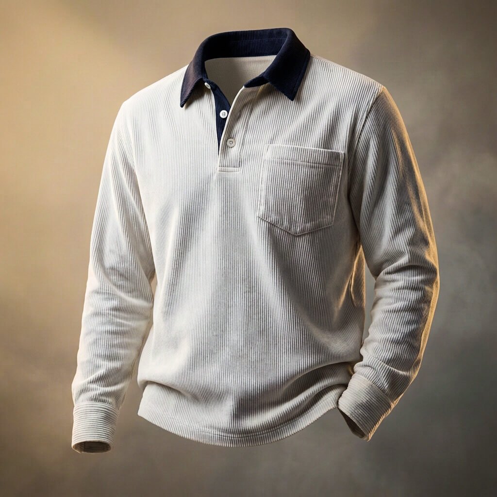 Men's Corduroy Polo with Chest Pocket for Casual Wear